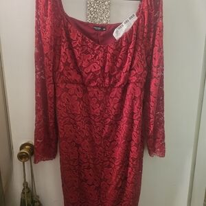 SHEIN Red Lace Long Sleeve Dress